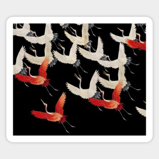 FLYING RED WHITE CRANES IN BLACK Japanese Pattern Sticker